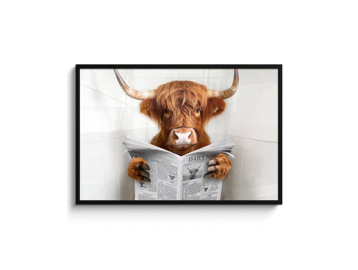 MuchoWow Poster MIT Rahmen Schottischer Highlander - Tier - Zeitung - Toilette 120x80 cm, Kastanienfarben, Papier, Rechteckig, 120x80 cm, gerahmt, Bilder & Rahmen, Bilder
