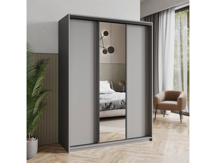 Masseno Schiebetürenschrank TAVI 150/205/60cm 3-türig mit Spiegel Graphitfarben