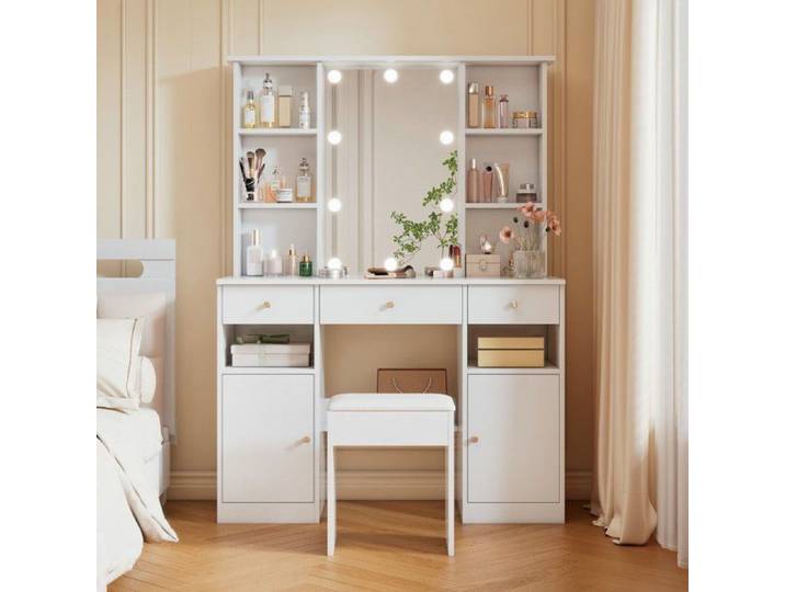 Grande coiffeuse - LANGTU - Style moderne - Éclairage LED 10 ampoules - Miroir 45x60 cm - 3 tiroirs 2 portes