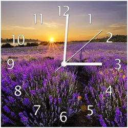 Wallario Uhr 30 x 30 cm, weiße Zeiger Sonnenuntergang über dem Lavendel