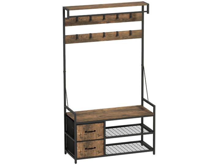 Homcom Garderobenständer mit Sitzbank 100/40/180 cm, Braun, Holzwerkstoff, 100x180x40 cm, Garderobe, Garderobensets & -serien, Garderoben-Set