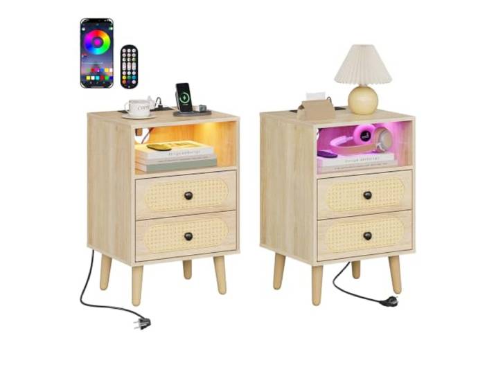 WOLTU Nachttisch 2er Set, mit Ladefunktion und LED-Beleuchtung Nachtschrank mit 2 Schubladen, 1 offenem Fach, für Schlafzimmer Wohnzimmer, 40x35x60 cm, Helle Eiche