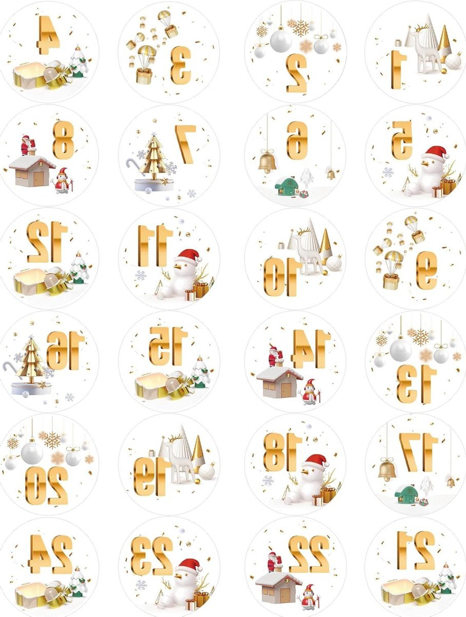 Adventskalender Stickers met 24 Unieke Cijfers in Goud en Wit - Afmetingen: 17.1 x 12.6 cm