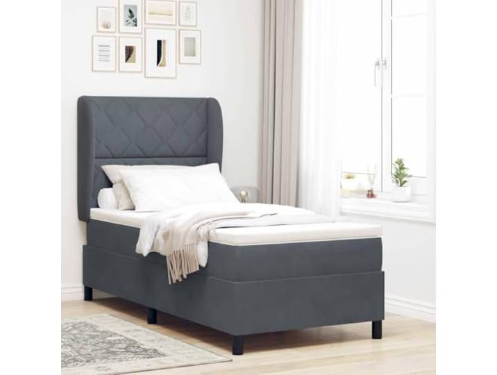 Polyester Modernes Boxspringbett mit Matratze Schlafzimmer Stil Dunkelgrau Boxspringbett mit Matratze Dunkelgrau 190 x 90 cm Polyester Einzelbett mit verstellbarem Kopfteil und Taschenfederkern