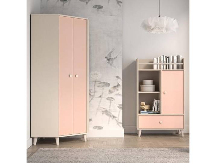 Lomadox Jugendzimmer Set 2-teilig in Sandbeige mit rosa Eckschrank Kleiderschrank 2 Kleiderstangen Regal offen fühlbare Holzstruktur
