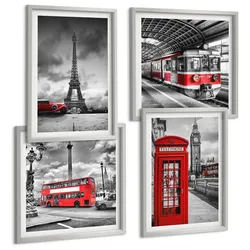 BILDER SET 4er Set - 50x50 cm & 40x60 cm Silberner Rahmen - Ikonische Städte London Paris Eisenbahn