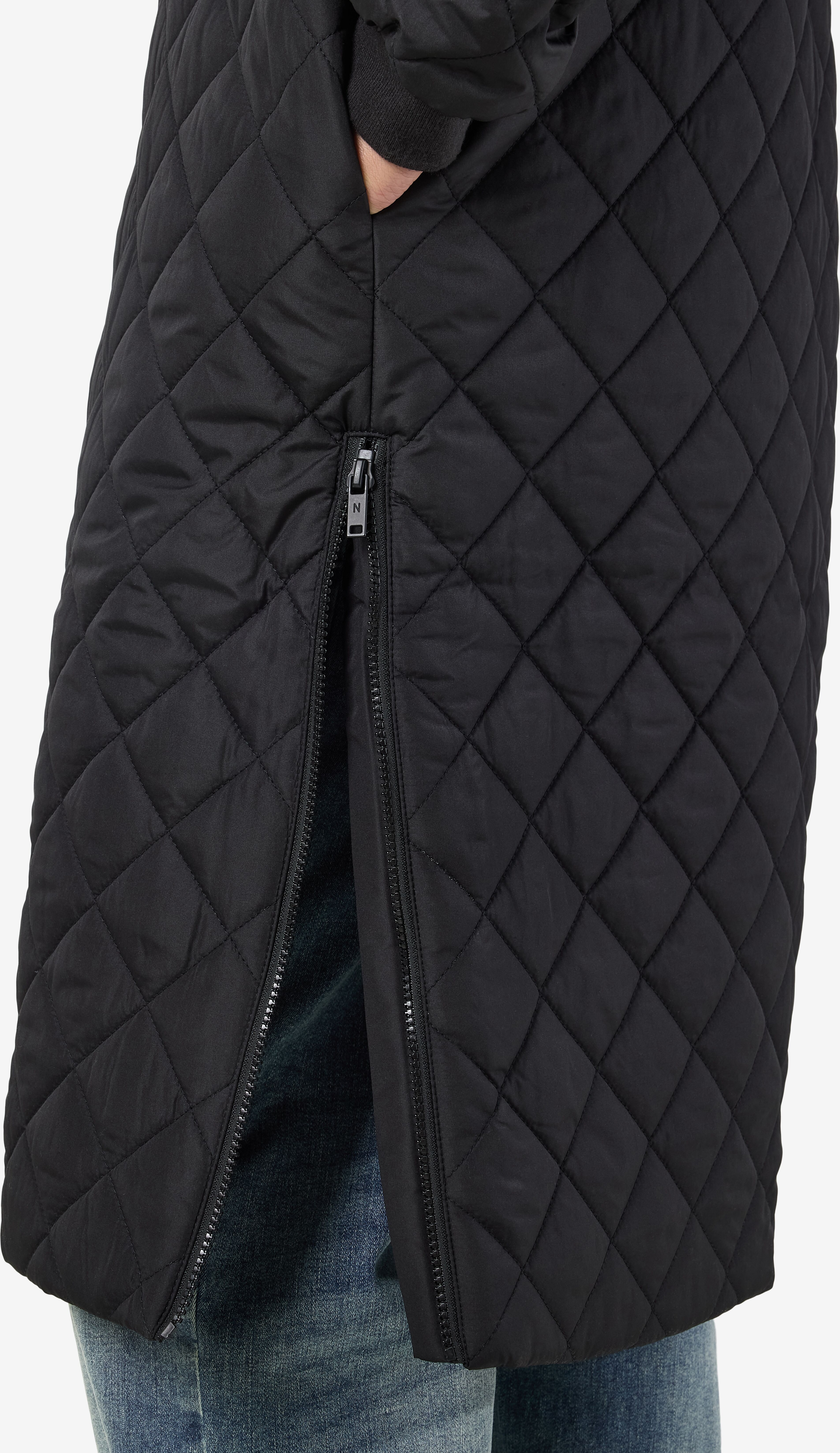 Steppmantel NOISY MAY "NMGILLY QUILTED COAT FWD NOOS", Damen, Gr. XS (34), schwarz, Steppware, Obermaterial: 100% Polyester, unifarben, knieumspielend, Rippbündchen, Mäntel Steppmantel schwarz XS (34)