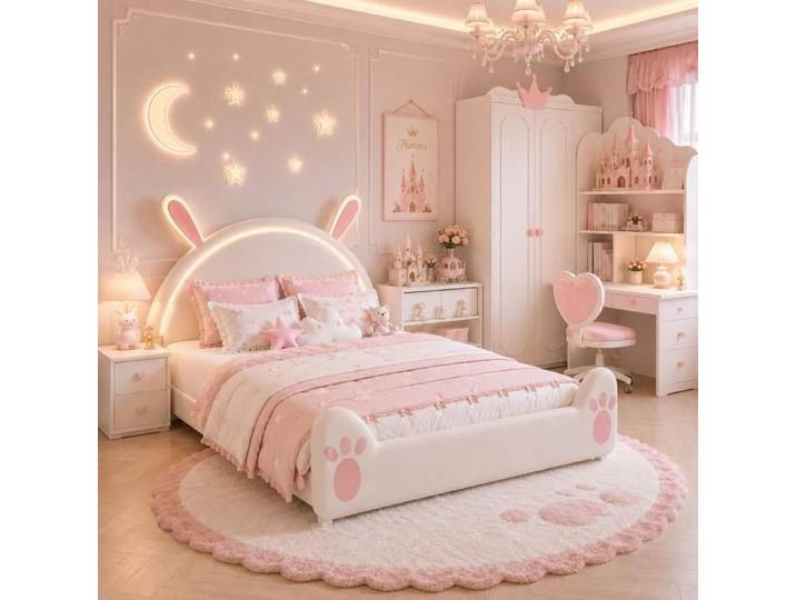 Lit enfant 140x200 lit fille 140x200 lit princesse lit lapin avec LED cadre de lit enfant avec sommier rose et blanc velours