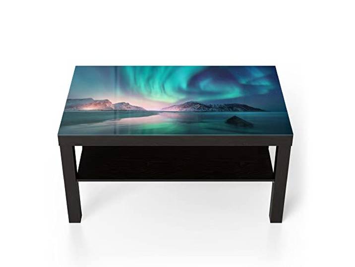 DEQORI Glastisch schwarz groß 90x50 cm Motiv Das Nordlicht der Lofoten ausgefallener Beistelltisch aus Glas Hochglanz Couchtisch fürs Wohnzimmer moderner Couch Tisch mit Design