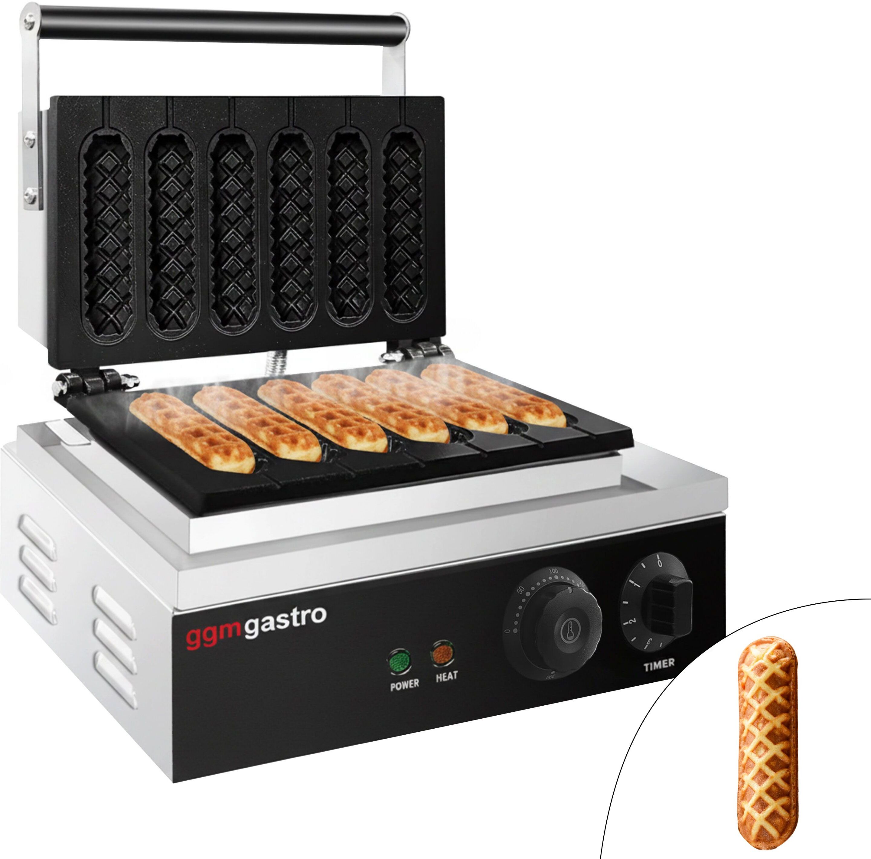 GGM Gastro Wafelijzer - Enkel - Digitaal (met timer) - 1,55kW - Vorm: Corn dog - voor 6 stuks zilver