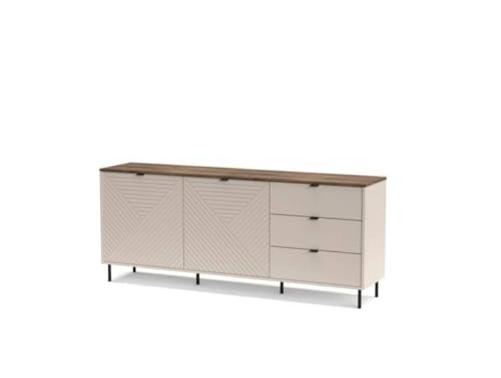 Kommode Evo Sideboard 2 Türen 3 Schubladen 183x75x40 cm Kaschmir/Eiche Modernes Sideboard mit Fräsungen, Metallbeinen & Vollauszug-Schubladen, für Wohnzimmer, Schlafzimmer, Aufbewahrungsschrank
