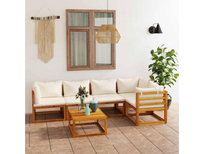 WDGJJFECNMUEHI Bois d'acacia massif Salon modulable 6 pièces Crème Salon de jardin 6pcs avec coussin Crème Bois d'acacia massif Table basse Canapé modulable Résistant aux intempéries Ensemble