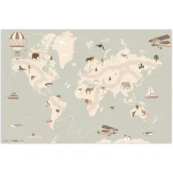 KINDERTEPPICH Weltkarte - Tiere - Flugzeug - Kind - Heißluftballon Spielmatte 105x70 cm