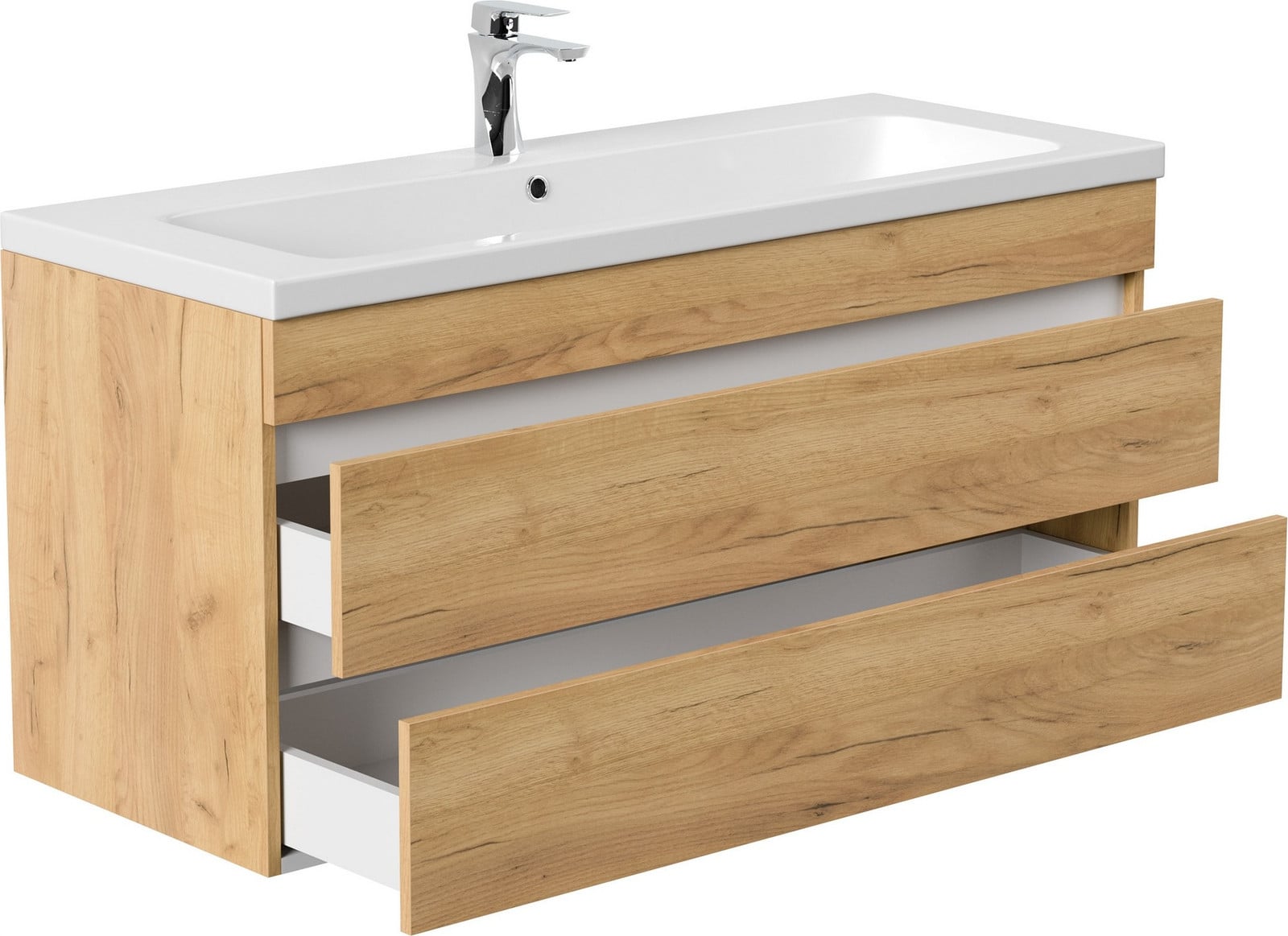 Posseik Badmeubel Fellini 120 met wastafel in goudkleurige eikenhoutlook en soft-close deuren