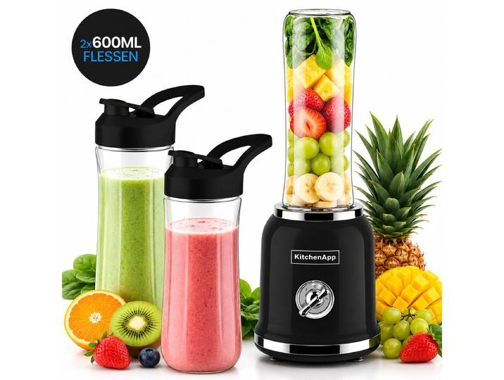 KitchenApp Retro blender to go - Inclusief Ebook - Smoothie maker - Inclusief twee bekers en meerdere accessoires - Zwart