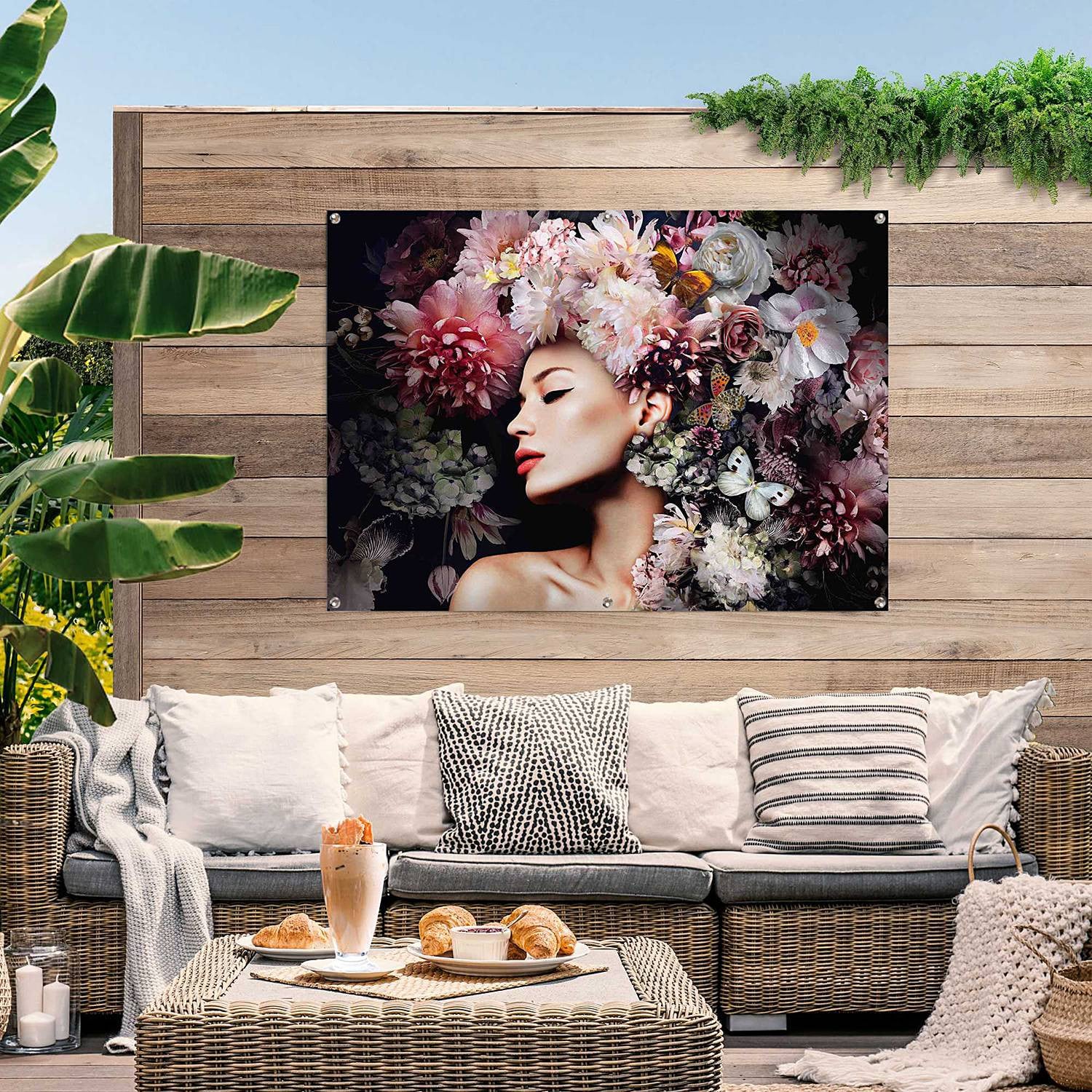 home24 Outdoor-poster Vrouw met Bloemenhoed, Weerbestendig PVC, Roze, 100 x 140 cm