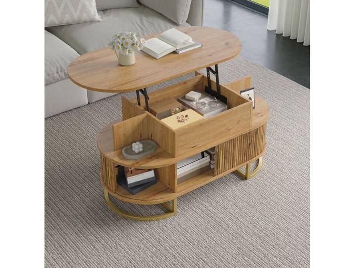 HOMVRA Table basse relevable ovale MDF naturel avec rangement intégré et portes coulissantes