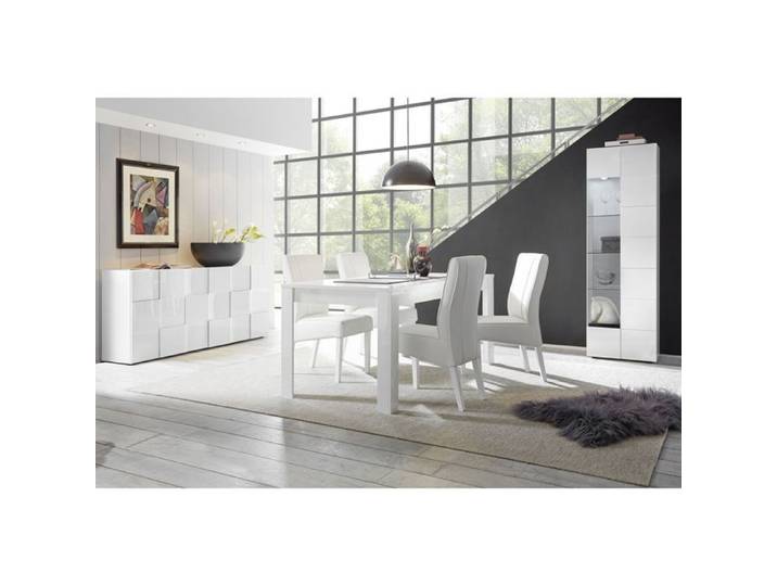 REBECCA - Ensemble Séjour Buffet 3P + Vitrine 1P Blanc Laqué Weiss Relief Damiers