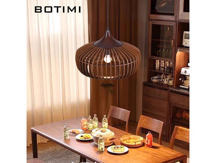 BOTIMI marron en bois pendentif LED lumières pour salle à manger 43CM tambour ombre Lustre bois cuisine Luminaire île Style nordique suspension lampe