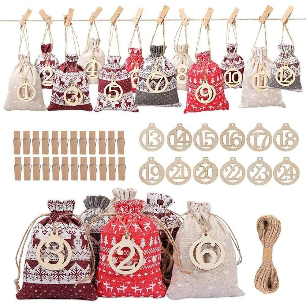 Set van 24 herbruikbare DIY jute adventskalender zakjes voor kerst