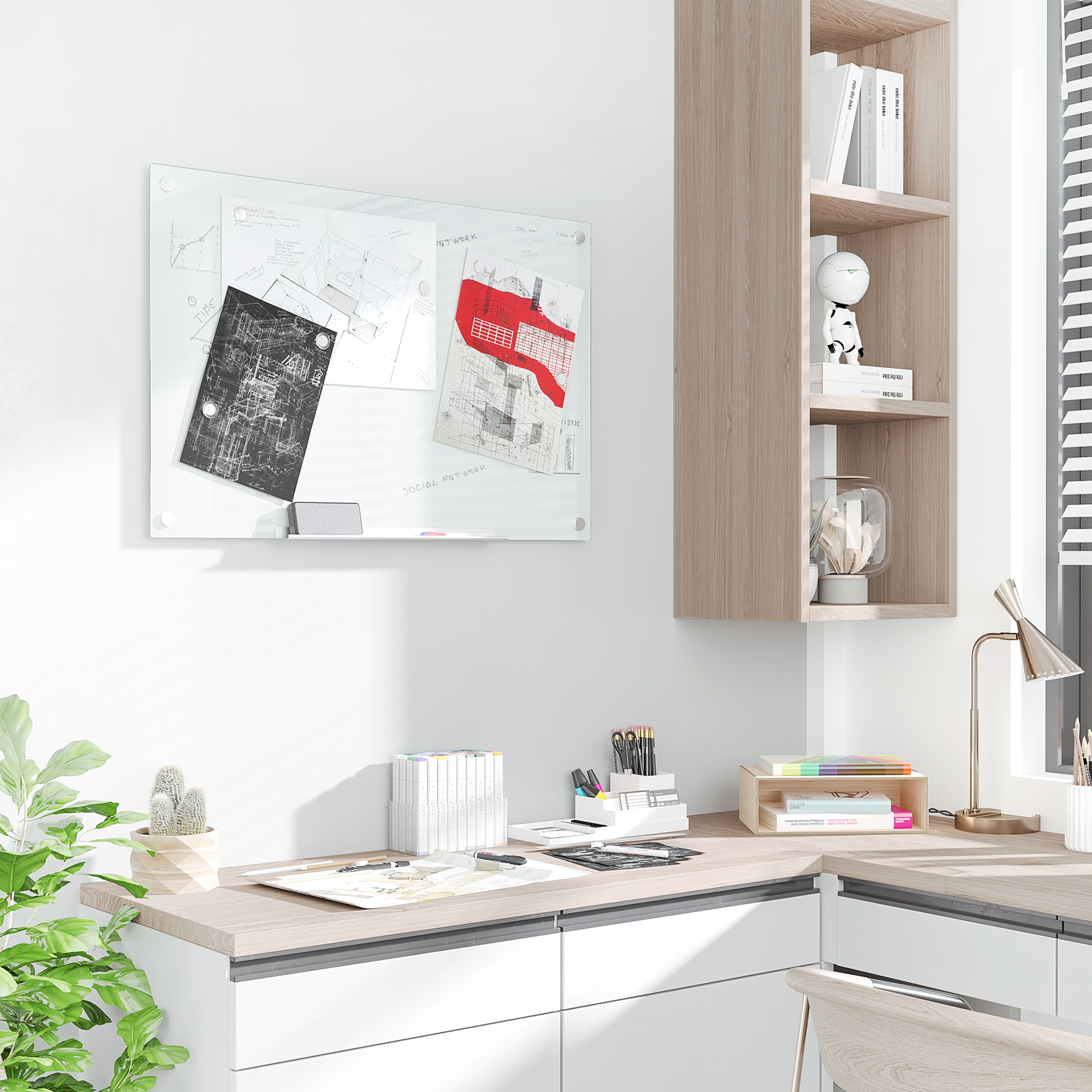 Vinsetto Lavagna Bianca in Vetro e Alluminio con 4 Pennarelli Colorati e Cancellino, 90x60x0.4 cm   Aosom Italy