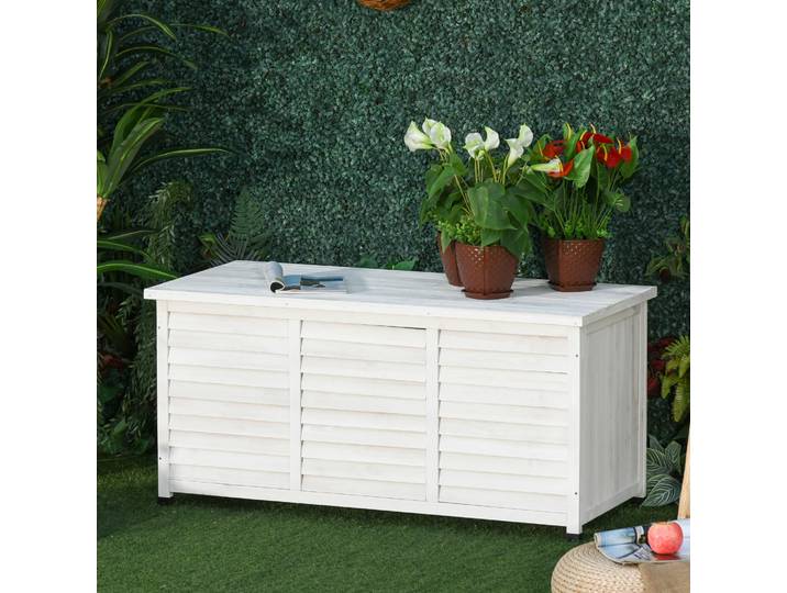 Outsunny Coffre de rangement extérieur malle de rangement en bois 283L 2 chaînes 127 x 56 x 60 cm blanc