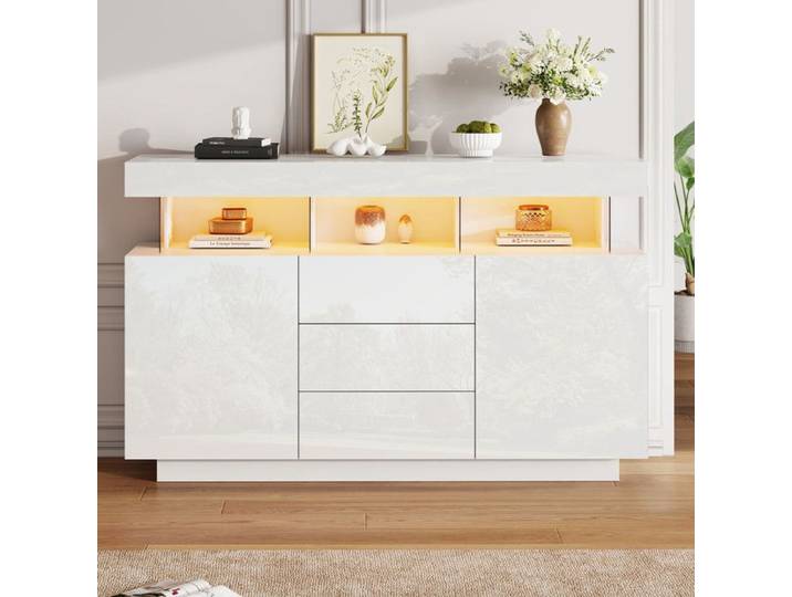 Buffet brillant moderne 140x35x80cm buffet en acrylique avec bande lumineuse LED 16 couleurs pour salle à manger cuisine(blanc)