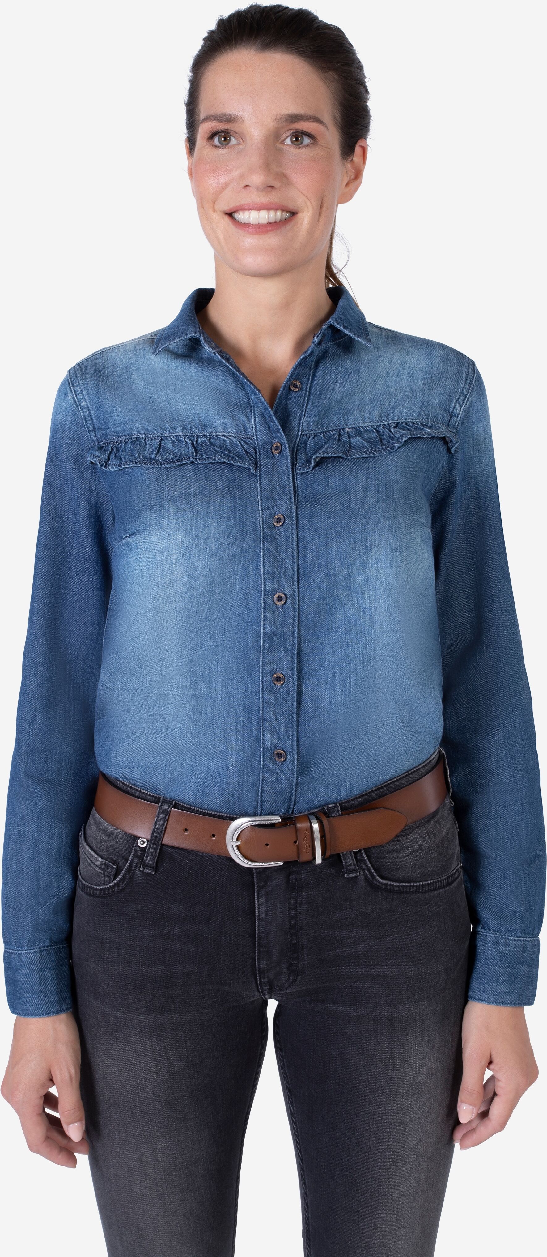 Ledergürtel MUSTANG "Paige", Damen, Gr. 110, braun (cognac), Materialmix, unifarben, Gürtel Ledergürtel, Mit dunklen Airbrushkanten und einer ovalen Dornschliesse, 3,5 cm cognac 110