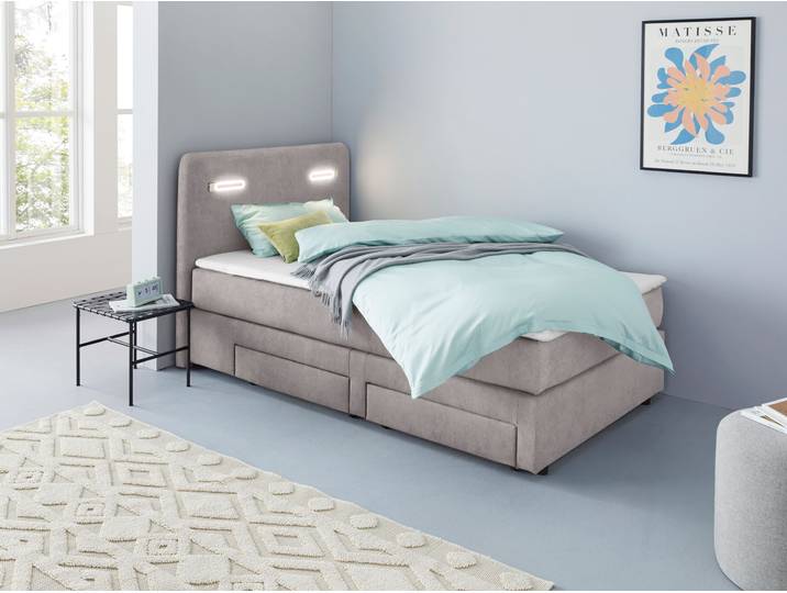 Boxbett, Polyester, Grau (Stone), 127×211 cm, Mit Schubkästen & LED-Beleuchtung, Modern, Inosign