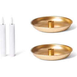 Novaliv 2er-Set Stabkerzenhalter 13cm Metall rund Tafelkerzen Gold matt mit flackernder LED Premium Kerze batteriebetrieben Kerzenpick Kerzenteller Dekoschale Weihnachten scandic chic Kerzenhalter