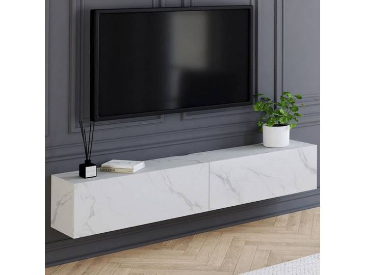 ID MARKET meuble tv ELIO 2 portes 180 cm blanc suspendu
