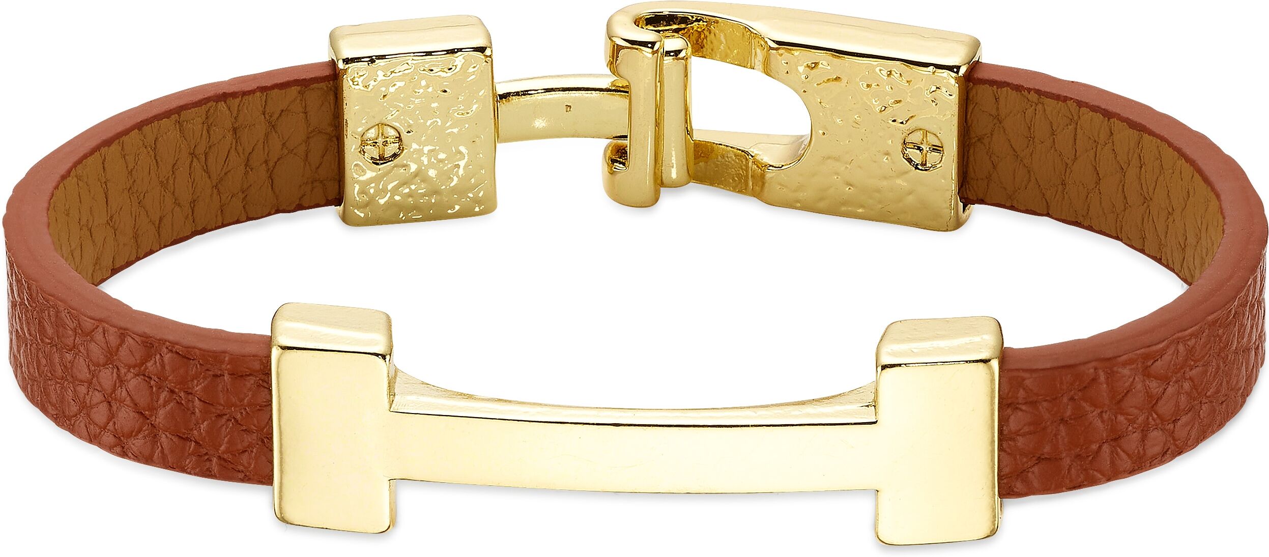 Armband "Edelstahl-Lederambd braun", braun (gelbgoldfarben, braun), ANISTON JEWELRY & WATCHES, Armbänder, Damen, 19cm, Kupfer Polyurethan, Kupfer, Polyurethan, Armband