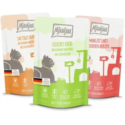 MJAMJAM Mixpaket 12 x 125 Gramm Katzennassfutter Mixpaket I mit Huhn, Rind und Herzen