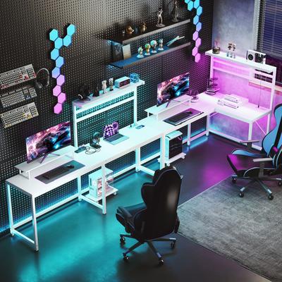 "HOMCOM Gaming Desk, 62"" L Shaped Desk with Power Outlets & LED Lights, 86"" 2 Person Computer Table with Shelf"