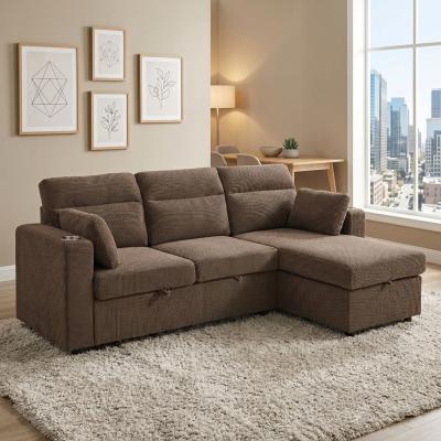 Loedds 82.5-Inch L-Shaped Pull-Out Sofa Bed with Storage Chaise Cup Holders and 2 Pillows