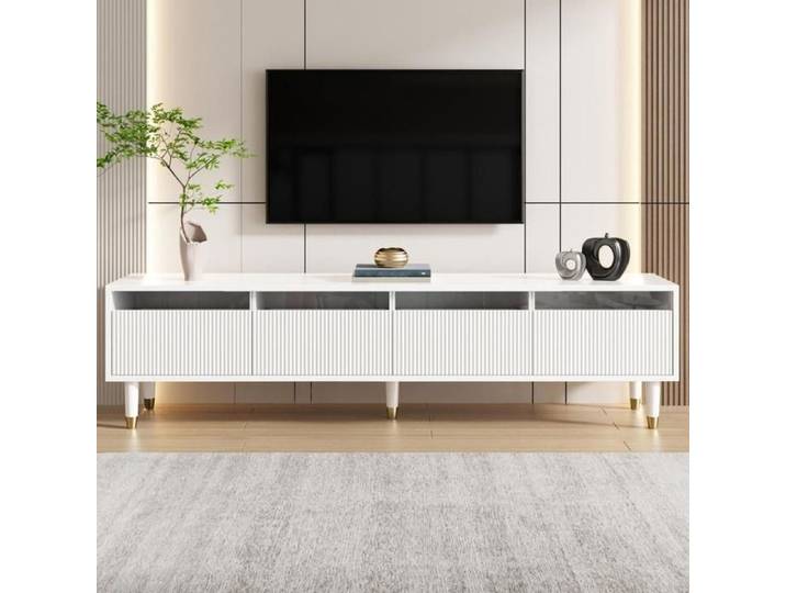 Meuble TV - KOMHTOM - 178 cm - 4 tiroirs - Aspect bois - Blanc