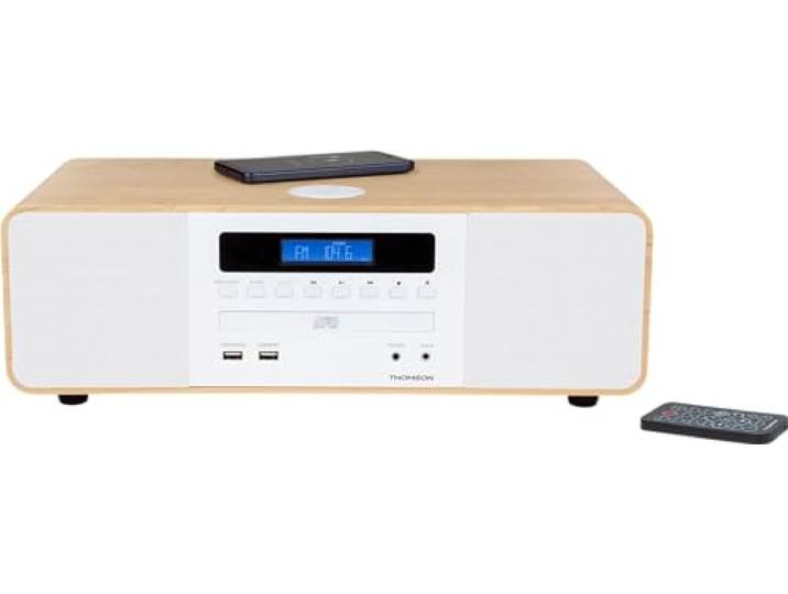 Thomson MIC201IBT HiFi-installatie (CD-speler, radio, MP3, USB), inductielader, houtkleuren en wit