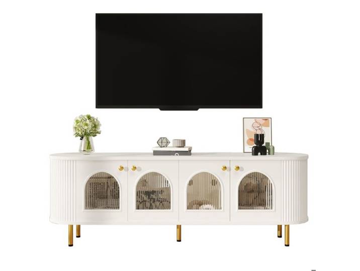 Meuble TV Moderne Table de Télévision Buffet Lowboard avec 4 Portes Vitrées Multifonctionnel Meuble de Rangement 170x35x55cm Blanc
