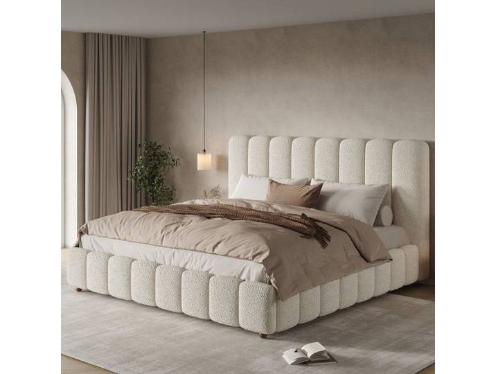 Lit Coffre 180x200 avec Rangement et Tete Lit 180x200 avec Sommier Lit Double Hydraulique avec à Lattes Cadre de Bouclé Blanc