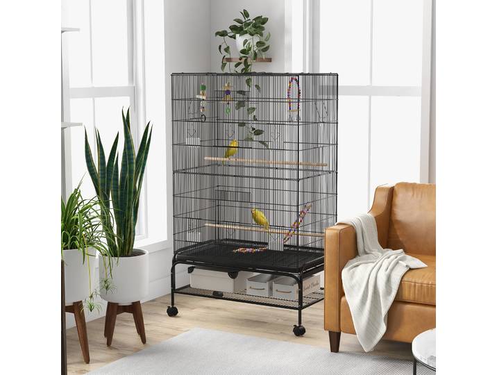 PawHut Cage à oiseaux avec perchoirs, jouets pour oiseaux, bac amovible, Noir