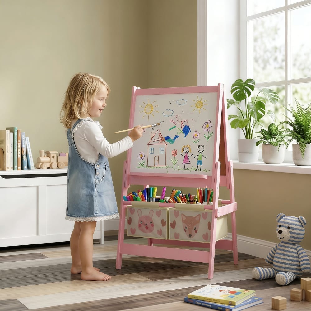 AIYAPLAY Tableau chevalet enfant ardoise double face métal rose Rose 54x93x47cm