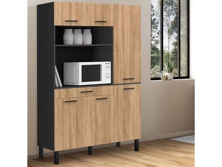 IDMARKET Buffet de cuisine avec colonne de rangement 120 CM CINA 6 portes + tiroir noir et façon hêtre