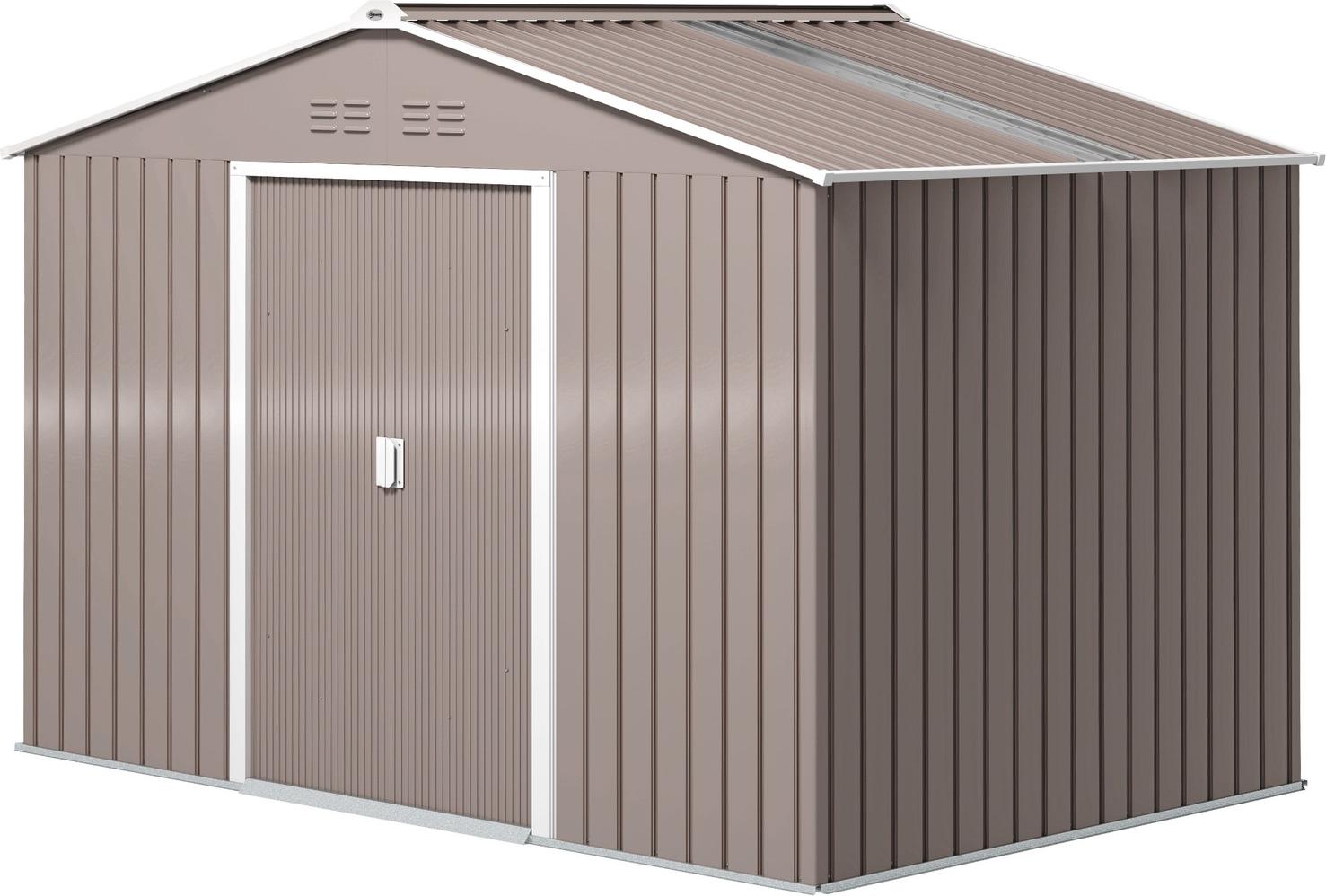 Verzinkter Stahl Gerätehaus 4,9m² 277x195x192cm Geräteschuppen mit Satteldach, Fundament, Abschließbarer Schiebetür, wetterfest Gartenhaus, Outdoor Garten Schuppen für Hinterhof Hellgrau Aosom