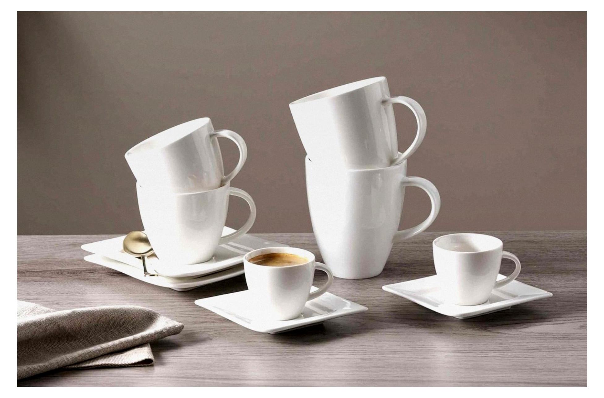 Frühstücksset 18-teilig, Henkelbecher, Dessertteller und Müslischale für 6 Personen, Extravagante Formensprache und schlichtes Design, Porzellan, Spülmaschinenfest, Weiß