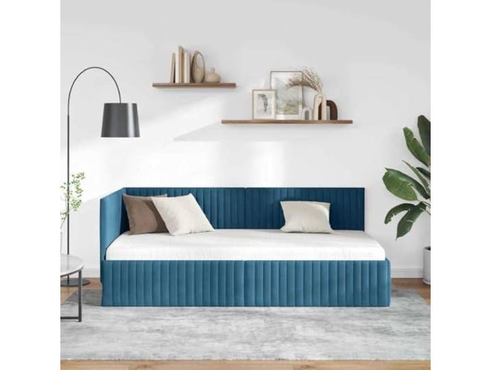 KTHLBRH Eck-Bettrahmen blau 90 x 190 cm Samt Platzsparendes Design, verstellbares Kopfteil, Verwendung als Sofa, max. Gewicht 140 kg