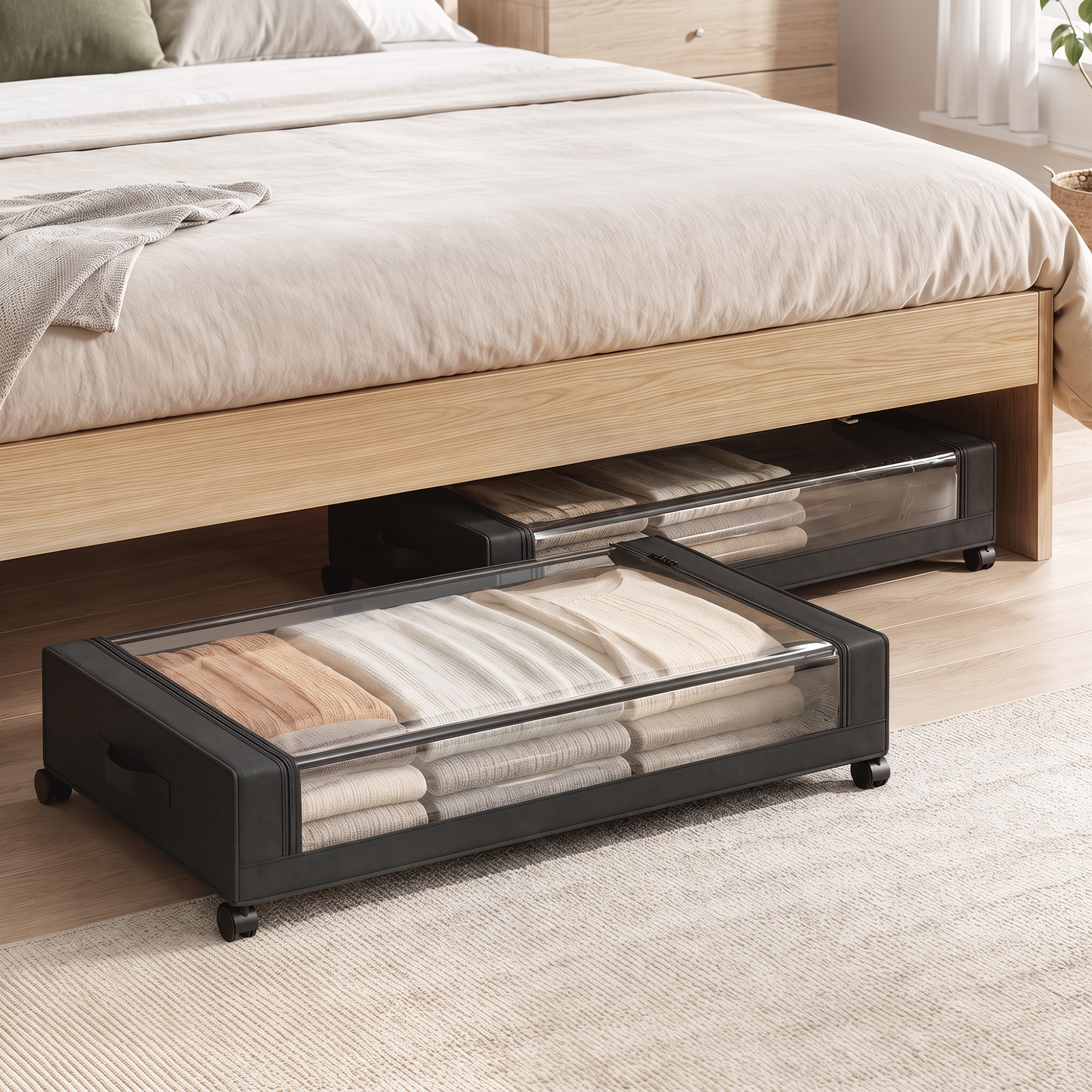 Homcom Set 2 scatole portaoggetti sottoletto con ruote e zip, 40 L, 78x44x16 cm, nero   Aosom Italy