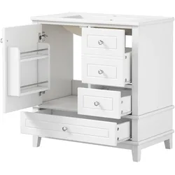 Merax Waschtischunterschrank mit Keramikwaschbecken, 81 x 47 x 86 cm, Badschrank mit 3 Schubladen, Türregal & Soft-Close, Weiß Hochglanz