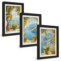 BILDER SET 3er Set - 20x30 cm Schwarzer Rahmen - Meereslandschaften, Zitronen, Fenster