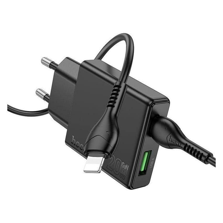 Hoco Handy-Ladegerät Slim USB-A + USB-C QC3.0 PD 3A 20W + Kabel USB-C auf Lightning N38 schwarz (20 W, 2 Ports) (61074522)