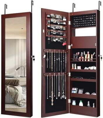 Costway Lockable Wall Door Mounted Mirror Jewelry Cabinet w/LED Lights-Brown